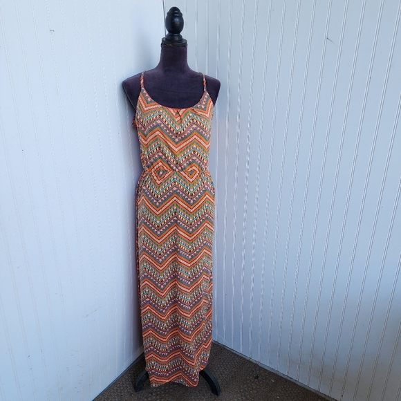 Bobbie Brooks Ladies Maxi Long Boho Dress Orange Blue Halter Tie Back Straps L - Picture 1 of 10